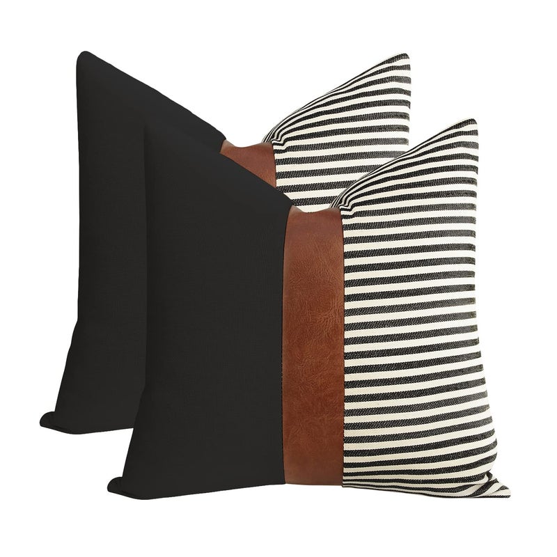 cygnus 20x20 Pillow Covers Set of 2 Farmhouse Decor Stripe Patchwork Linen Throw Pillow Covers Modern Faux Leather Covers for Couch Sofa Gray