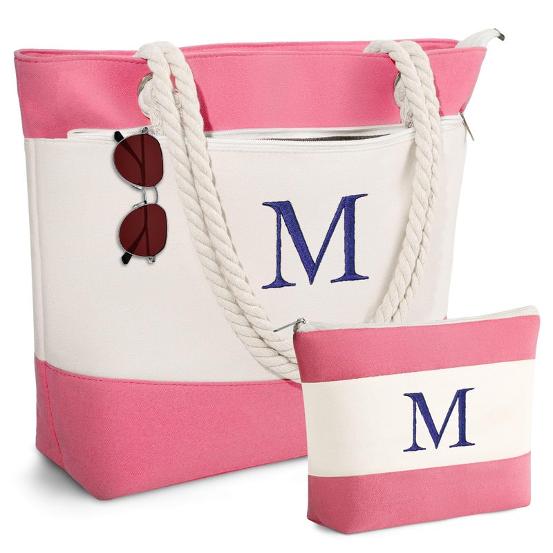 YOOLIFE Gifts for Women - Personalized Initial Canvas Tote Bag Beach Bag, Beach Gifts for Women Her Mom Mother Teacher Sister Grandma Wife Coworkers Friend Birthday Gift Letter M - Image 1