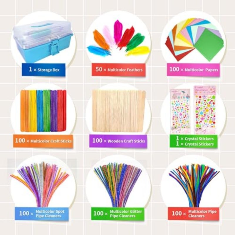 1405 Pcs Art and Craft Supplies for,Toddler DIY Craft Art Supply Set Included Pipe Cleaners, Pom Poms, Feather, Folding Storage Box - All in One for Craft DIY Art Supplies-Blue - Image 2