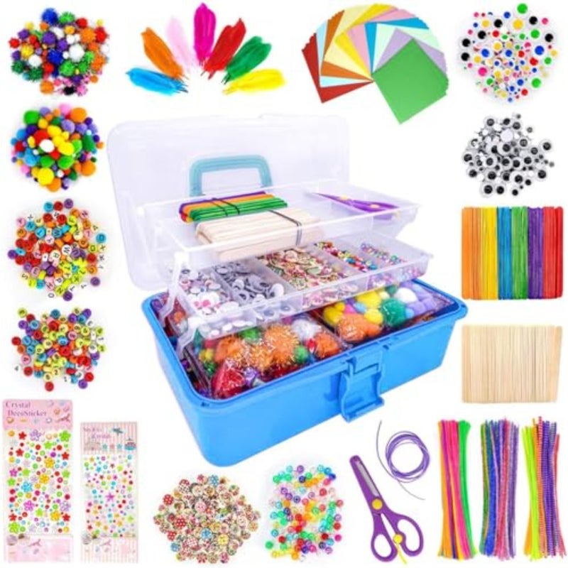 1405 Pcs Art and Craft Supplies for,Toddler DIY Craft Art Supply Set Included Pipe Cleaners, Pom Poms, Feather, Folding Storage Box - All in One for Craft DIY Art Supplies-Blue - Image 1