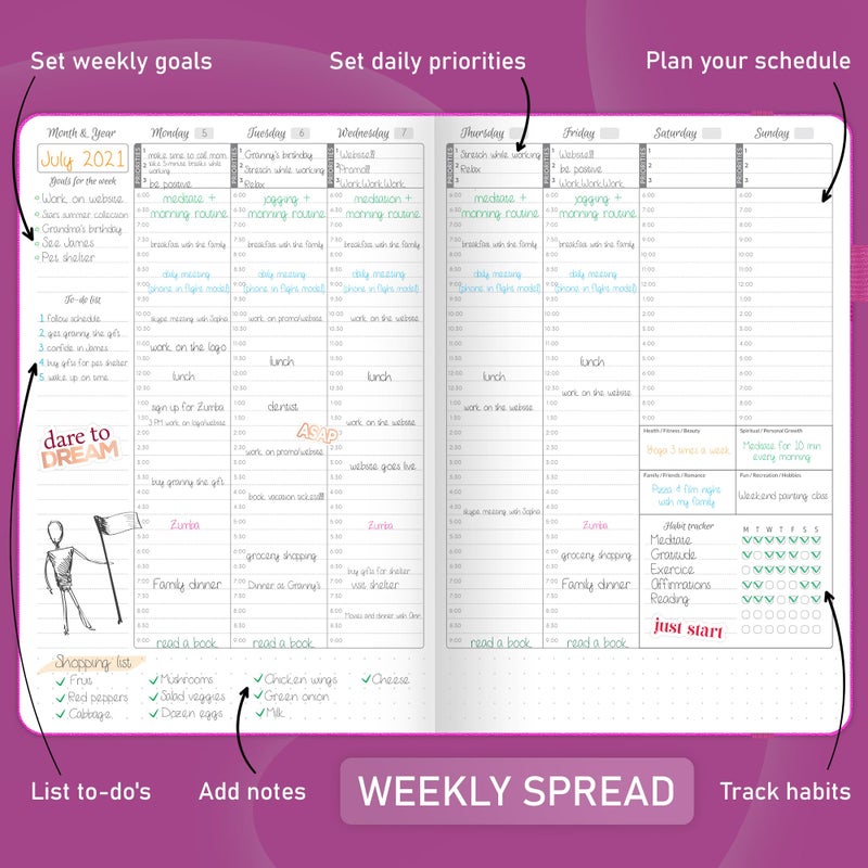 GoGirl Weekly Schedule Planner â€“ Hourly Work & Life Planner with Time Slots â€“ Vertical Agenda Organizer for Daily Productivity, A5 (Hot Pink) - Image 3