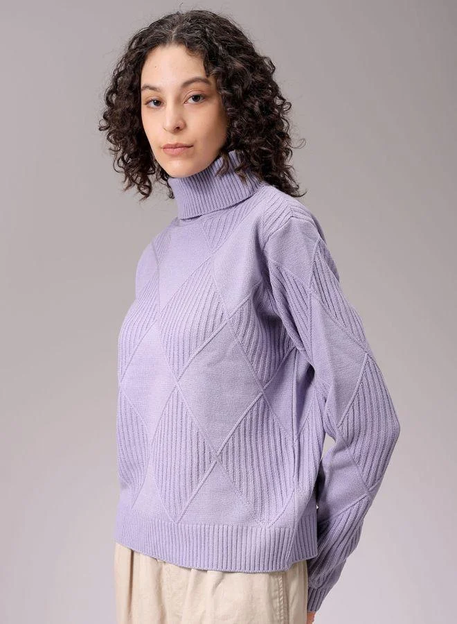 Women Relaxed Fit Argyle High Neck Sweater