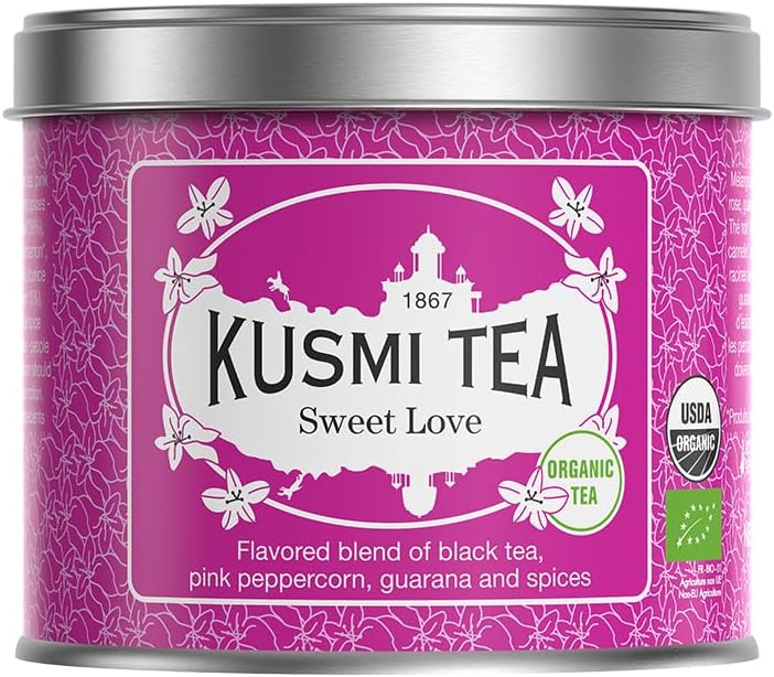 KUSMI TEA شاي كوسمي سويت لوف مزيج شاي أسود عضوي مع فلفل وردي وغوارانا - 100 جرام علبة معدنية - Image 1