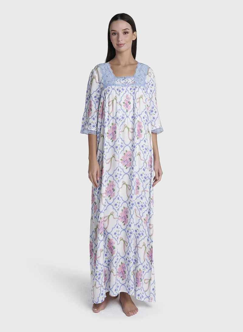Kashkha Blue Floral Trellis Print Rayon Long Nightwear Dress (CNH495)