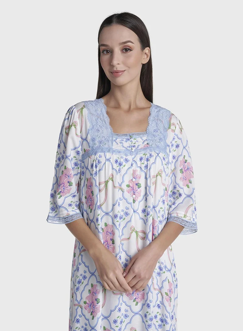 Kashkha Blue Floral Trellis Print Rayon Long Nightwear Dress (CNH495)