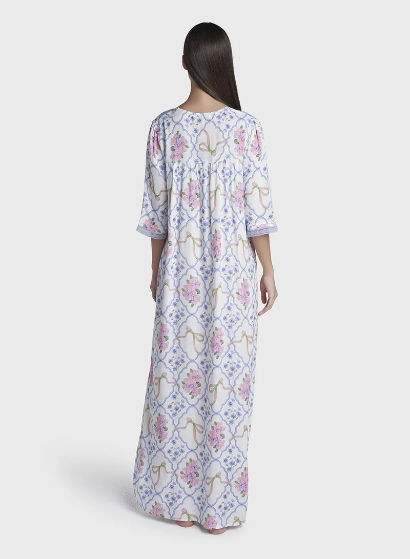 Kashkha  Blue Floral Trellis Print Rayon Long Nightwear Dress (CNH495) for Women | Best Price UAE