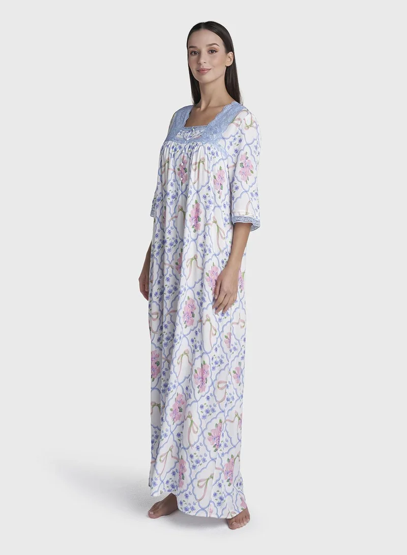 Kashkha  Blue Floral Trellis Print Rayon Long Nightwear Dress (CNH495) for Women | Best Price UAE