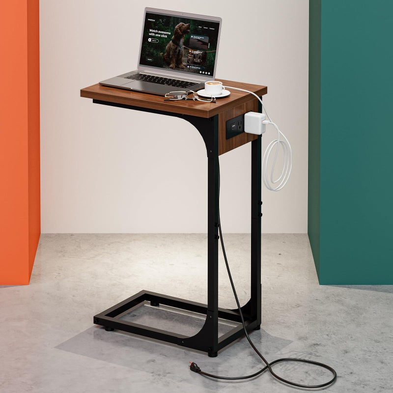 RISWER C-Shaped Side Table for Couch - Small Coffee Stand Sofa Tray Desk with Metal Frame Waterproof Scratch Resistant Wood Top and Built-in Charging Station, Rustic Walnut - Image 1