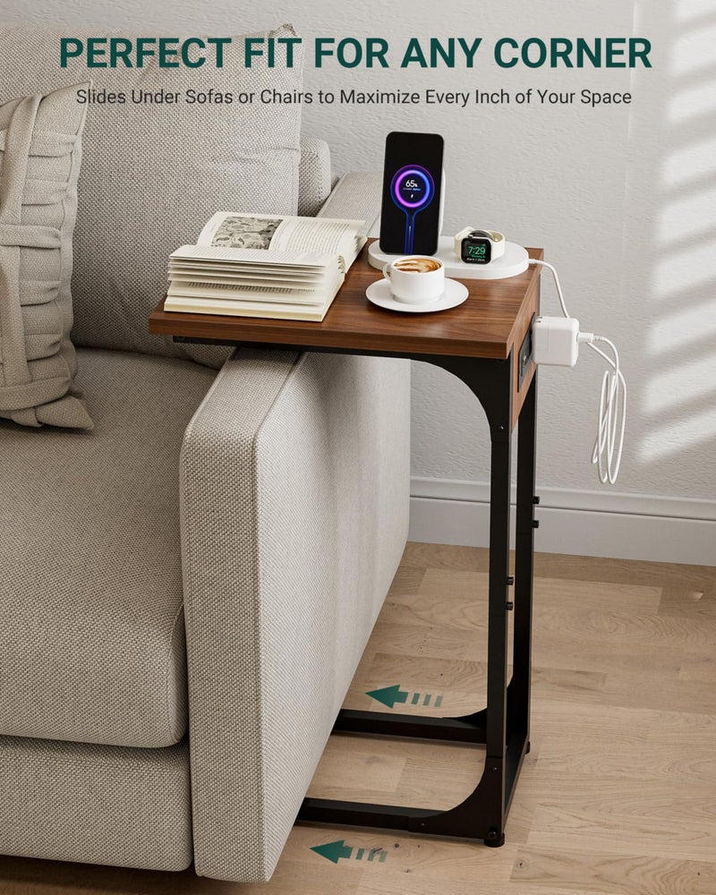 RISWER C-Shaped Side Table for Couch - Small Coffee Stand Sofa Tray Desk with Metal Frame Waterproof Scratch Resistant Wood Top and Built-in Charging Station, Rustic Walnut - Image 5