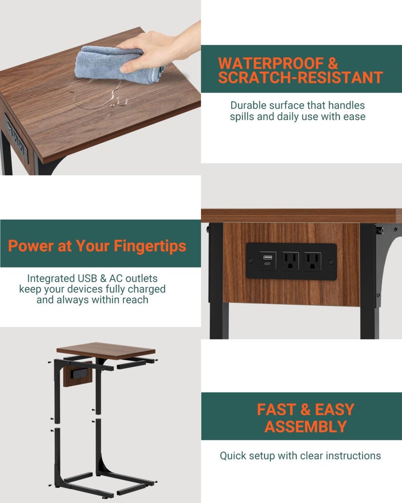 RISWER C-Shaped Side Table for Couch - Small Coffee Stand Sofa Tray Desk with Metal Frame Waterproof Scratch Resistant Wood Top and Built-in Charging Station, Rustic Walnut - Image 3
