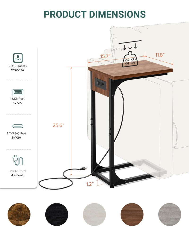 RISWER C-Shaped Side Table for Couch - Small Coffee Stand Sofa Tray Desk with Metal Frame Waterproof Scratch Resistant Wood Top and Built-in Charging Station, Rustic Walnut - Image 2