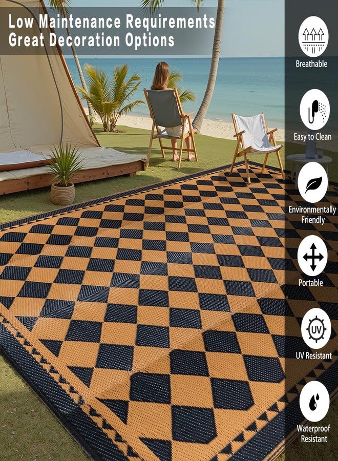 HUGEAR Outdoor Waterproof Rug 6'x9' Plastic Straw Rugs Washable Reversible Floor Mat Brown Plaid Carpet for Camping RV Deck Entryance Porch Picnic Balcony Beach Backyard - Image 3