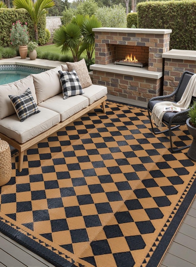 HUGEAR Outdoor Waterproof Rug 6'x9' Plastic Straw Rugs Washable Reversible Floor Mat Brown Plaid Carpet for Camping RV Deck Entryance Porch Picnic Balcony Beach Backyard - Image 1