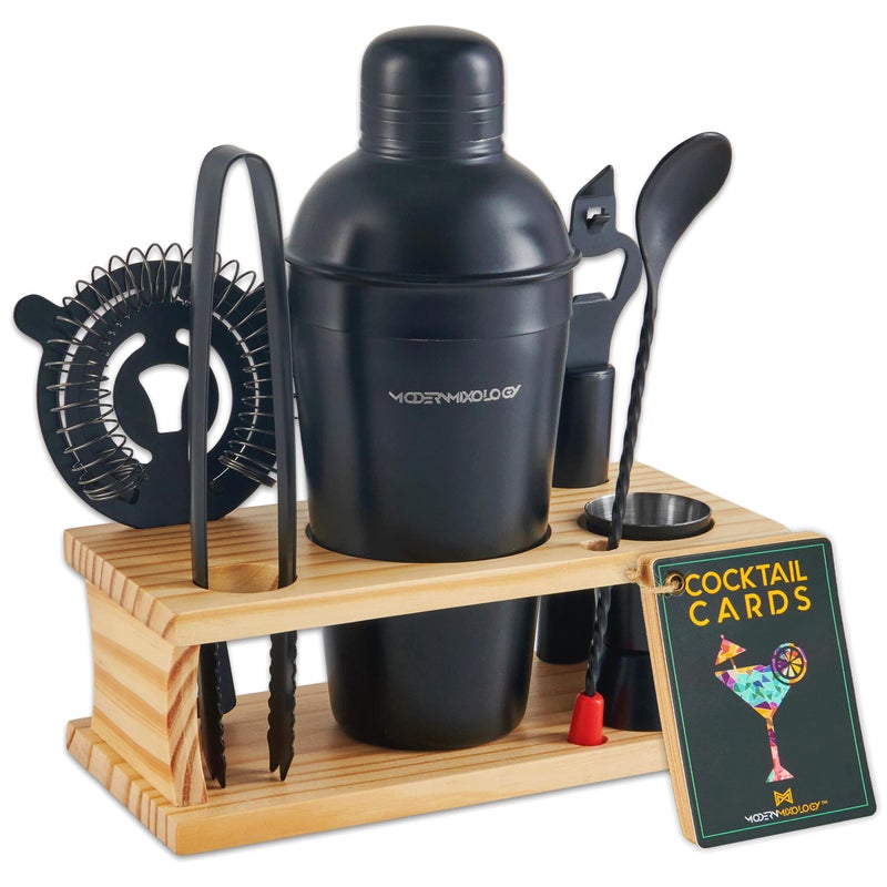 Modern Mixology Mixology  Craft Bartender Kit  8Piece Black Matte Cocktail Shaker Set with Pine Wood Stand Recipe Cards and Bar Accessories Ideas 