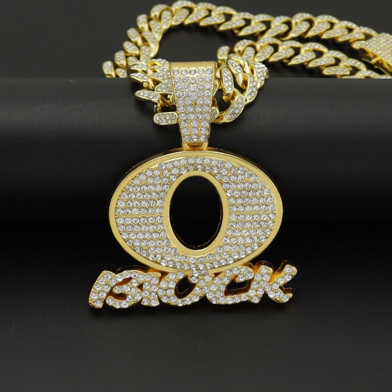 Generic European and American Hip Hop OBLOCK Letter Pendant Necklace Alloy Diamond Brand Punk Rap Cool Necklace Gold Pendant with 45cm Diamond Cuban Chain Gold Pendant with 45cm Diamond Cuban Chain 