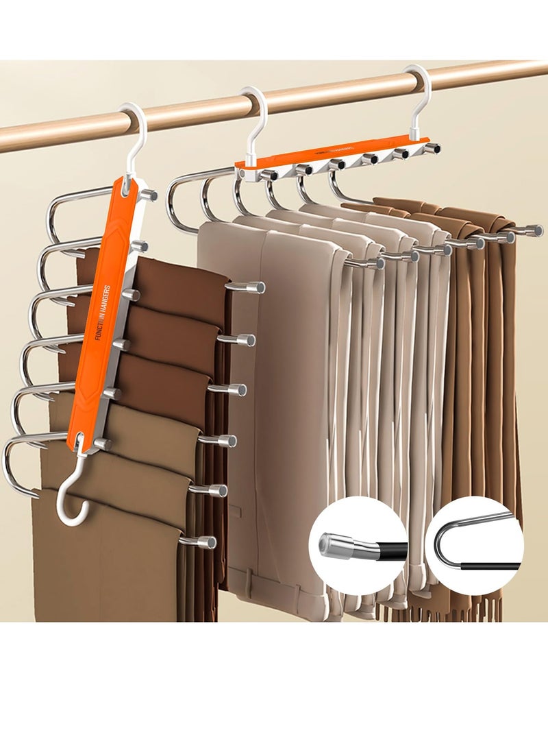 SYOSI Space Saving Pants Hangers-6 Tier Trouser Hangers Non-Slip Folding Rack Rotating Hangers Magic Closet Pants Organizer 2 Modes for Hanging  for Pants Jeans Scarves and Clothes 2 Pack Orange  - Image 1