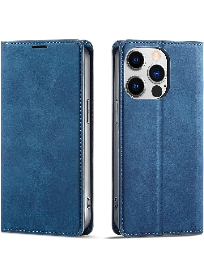 YoYoTech Luxury Genuine Leather flip Wallet Case Compatible with iPhone 13 Pro, 3 Card Holder Slot Magnetic Flip Kickstand Wallet Case for iPhone 13 Pro 2021 -Blue  - Image 1