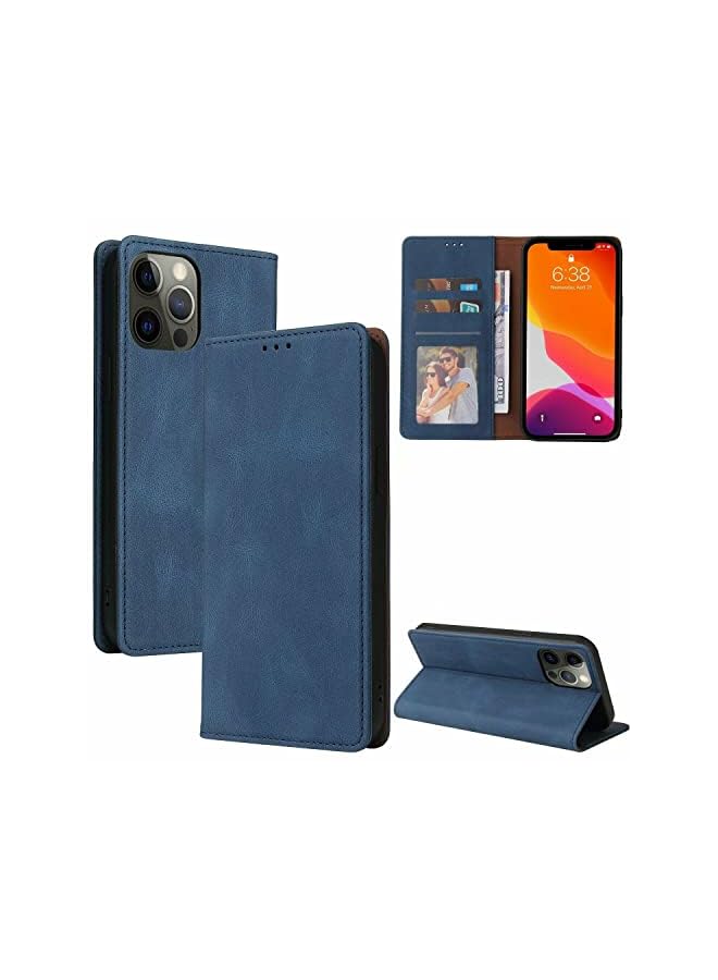 YoYoTech Luxury Genuine Leather flip Wallet Case Compatible with iPhone 13 Pro, 3 Card Holder Slot Magnetic Flip Kickstand Wallet Case for iPhone 13 Pro 2021 -Blue  - Image 2
