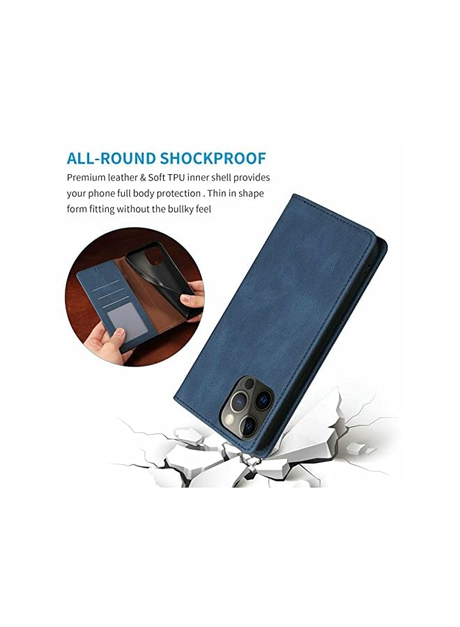 YoYoTech Luxury Genuine Leather flip Wallet Case Compatible with iPhone 13 Pro, 3 Card Holder Slot Magnetic Flip Kickstand Wallet Case for iPhone 13 Pro 2021 -Blue  - Image 4