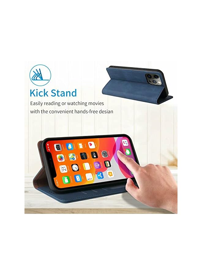 YoYoTech Luxury Genuine Leather flip Wallet Case Compatible with iPhone 13 Pro, 3 Card Holder Slot Magnetic Flip Kickstand Wallet Case for iPhone 13 Pro 2021 -Blue  - Image 5