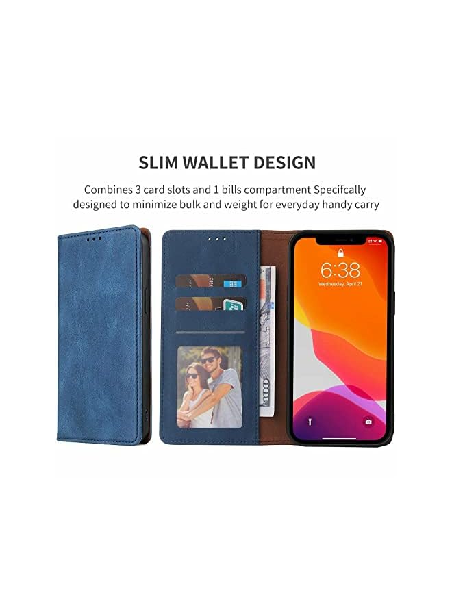 YoYoTech Luxury Genuine Leather flip Wallet Case Compatible with iPhone 13 Pro, 3 Card Holder Slot Magnetic Flip Kickstand Wallet Case for iPhone 13 Pro 2021 -Blue  - Image 3