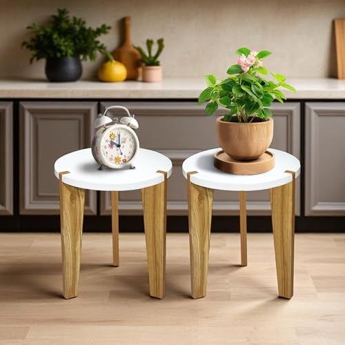 Heartily Beautiful Wooden Stool – Set of 2 | 14 Inch Height | Multipurpose 3-Leg Side Table, Small Table, Plant Stand for Living Room in Home or Office (Height 14 Inch) - Image 3