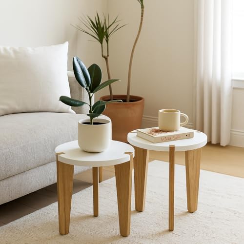 Heartily Beautiful Wooden Stool – Set of 2 | 14 Inch Height | Multipurpose 3-Leg Side Table, Small Table, Plant Stand for Living Room in Home or Office (Height 14 Inch) - Image 1