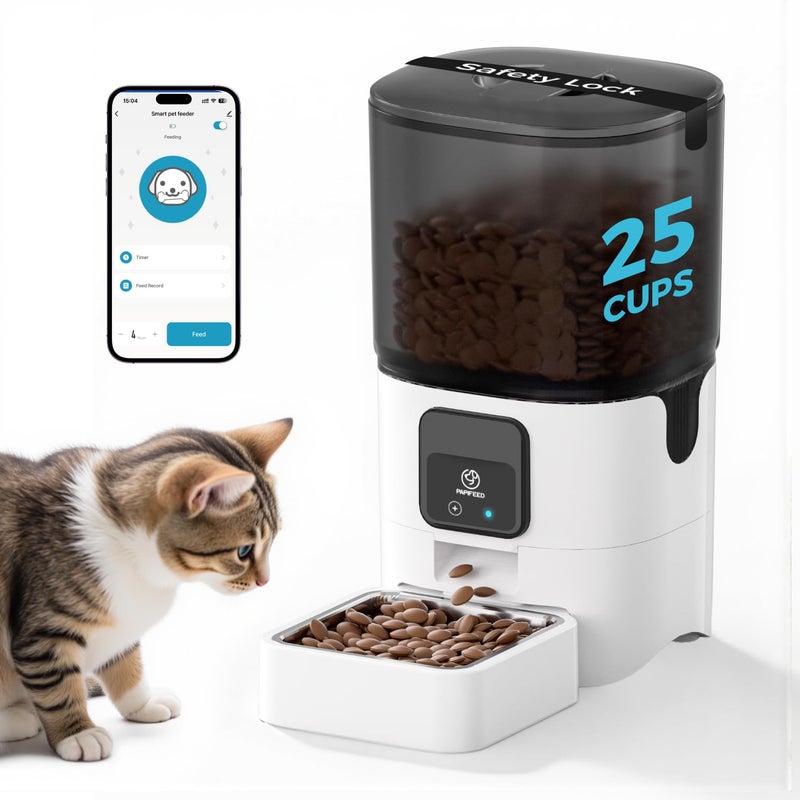 PAPIFEED Smart Automatic Cat Feeders WiFi Pet Feeder with APP Control for Remote Feeding Detachable for Easy Clean Automatic Cat Food Dispenser with Alexa110 Meals Per Day for Dog 6L25Cup