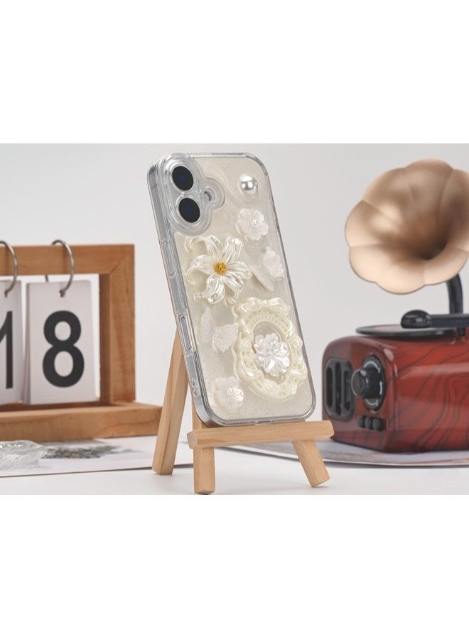 ShebSheb for iPhone 16 Case Glitter Flower Case,Cute Girly 3D Flower Floral Pearl Bling Sparkle Soft Silicone Aesthetic Women Girls Phone Cover - Image 2