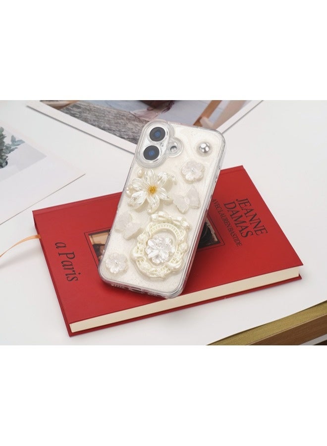 ShebSheb for iPhone 16 Case Glitter Flower Case,Cute Girly 3D Flower Floral Pearl Bling Sparkle Soft Silicone Aesthetic Women Girls Phone Cover - Image 5