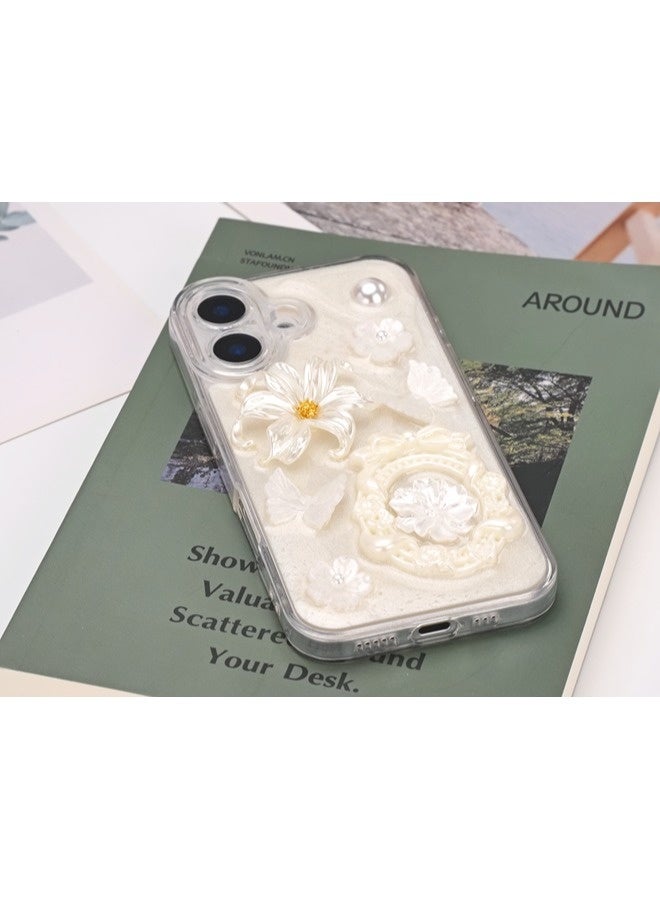 ShebSheb for iPhone 16 Case Glitter Flower Case,Cute Girly 3D Flower Floral Pearl Bling Sparkle Soft Silicone Aesthetic Women Girls Phone Cover - Image 3