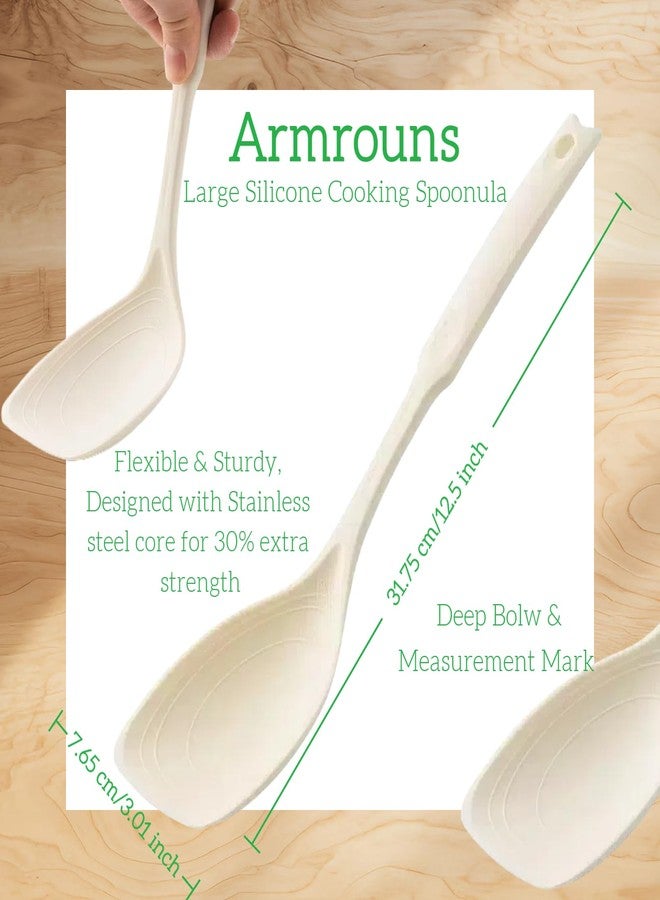 Armrouns Large Silicone Cooking Spoon 2PC, 12 -inch Non-Stick Spoonula set Deep Bolw & Measurement Mark for Mixing,Serving, Scooping, Scraping, Kitchen Utensils Spoons (White & Green) - Image 4