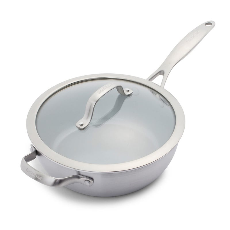 Greenpan GreenPan Venice Pro TriPly Stainless Steel Healthy Ceramic Nonstick 3QT Chef Saute Pan with Helper Handle and Lid PFASFree Multi Clad Induction Dishwasher Safe Oven Safe Silver 
