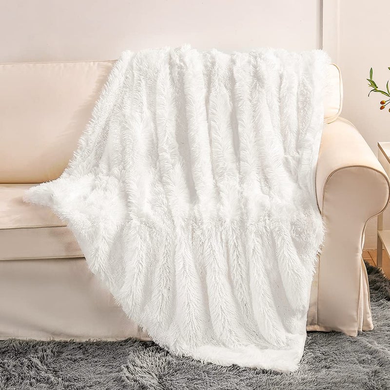 YUSOKI Long Faux Fur Throw Blanket for Sofa Couch,2 Layers,2.1lb,All Ages,Home Decoration, (White,50" x 60") - Image 1