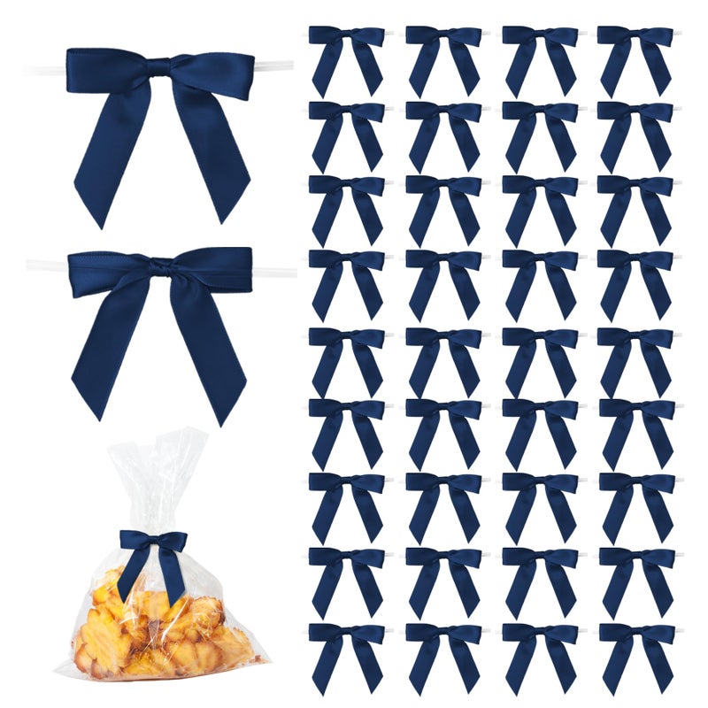 TULOBI 50Pcs Navy Blue Twist Tie Bows For Gift Wrapping 2.5"" Satin Ribbon Bow For Treat Bags Cake Balloons Birthday Party Favors Wedding Decorations - Image 1