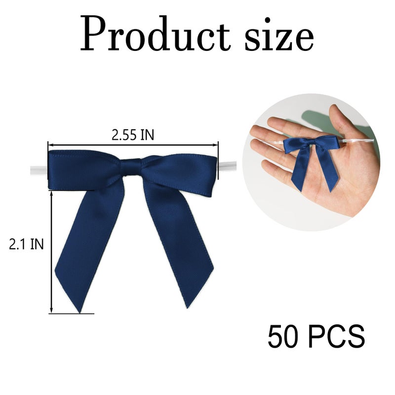 TULOBI 50Pcs Navy Blue Twist Tie Bows For Gift Wrapping 2.5"" Satin Ribbon Bow For Treat Bags Cake Balloons Birthday Party Favors Wedding Decorations - Image 2