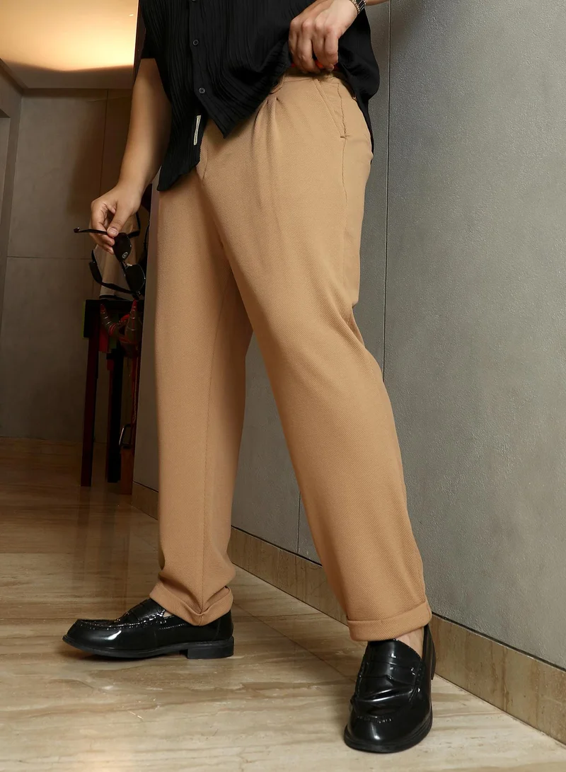 انستافاب بلس Instafab Plus Men's Khaki Beige Twill-Pleated Trousers | Mid-Rise , Cuffed Hem , Button Closure | Solid Twill Polyester Blend Material For Street & Casual Wear