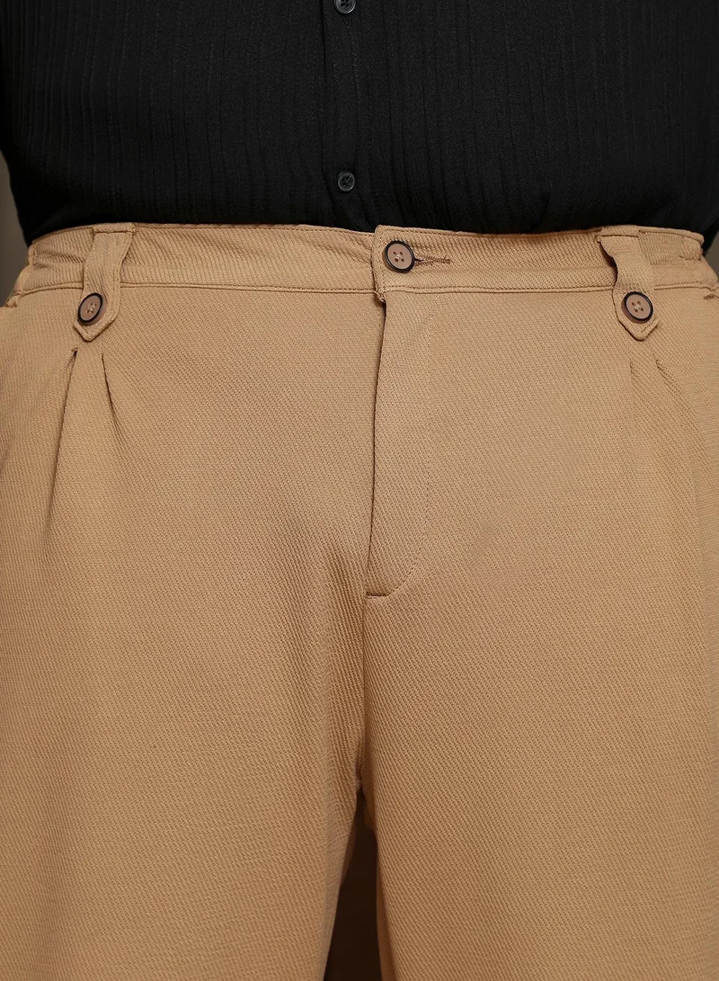 Instafab Plus Instafab Plus Men's Khaki Beige Twill-Pleated Trousers | Mid-Rise , Cuffed Hem , Button Closure | Solid Twill Polyester Blend Material For Street & Casual Wear