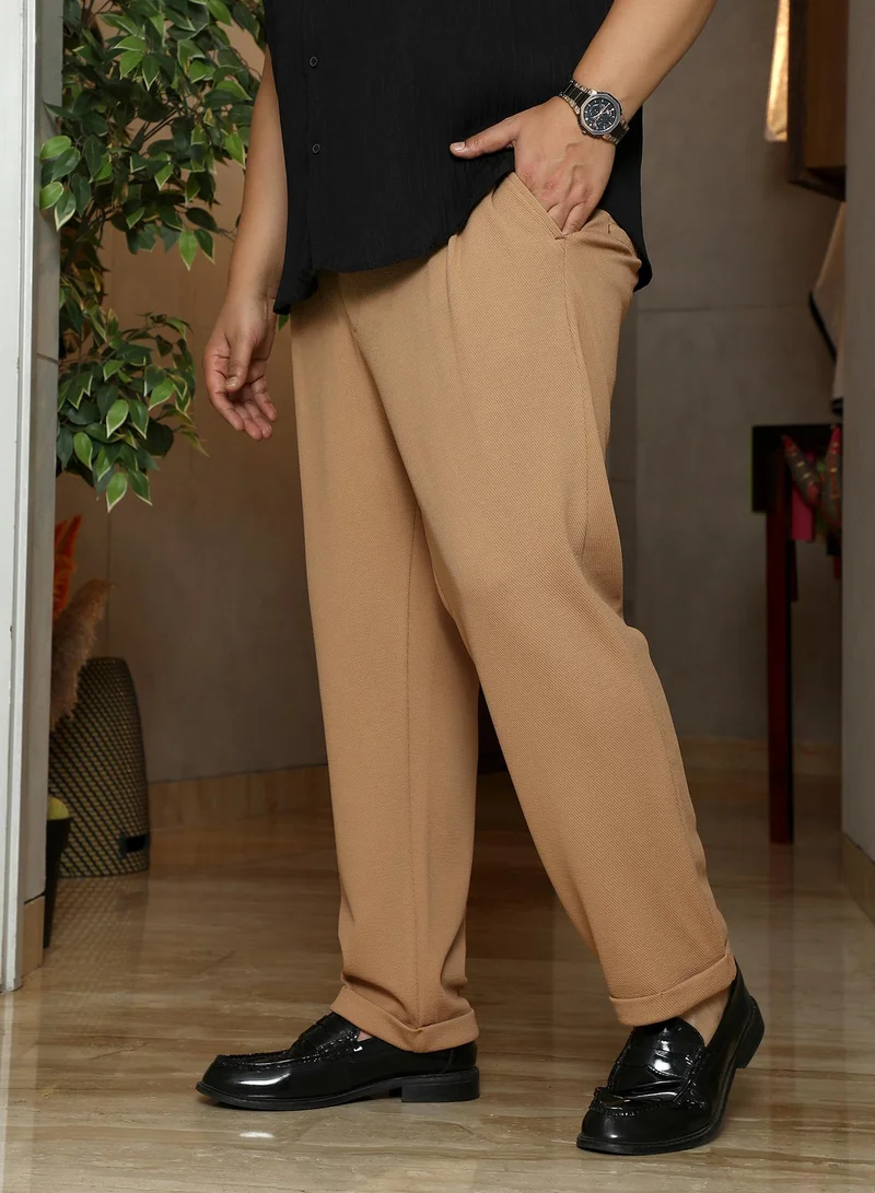 Instafab Plus Instafab Plus Men's Khaki Beige Twill-Pleated Trousers | Mid-Rise , Cuffed Hem , Button Closure | Solid Twill Polyester Blend Material For Street & Casual Wear