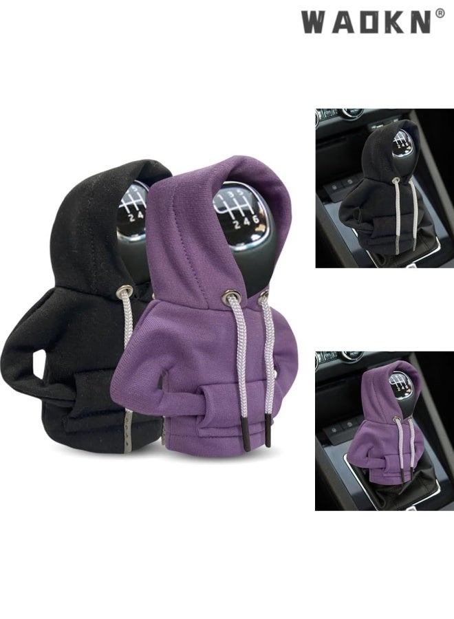 WAOKN 2 pcs Car Gear Shift Hoodie , Fashionable Gear Shift Knob Cover , Mini Hoodie for Auto Shifter , Auto Interior Cute Gadgets , Universal Car Decoration Accessories , Fashion shift knob decoration hoodie , black and purple. - Image 1