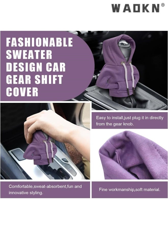 WAOKN 2 pcs Car Gear Shift Hoodie , Fashionable Gear Shift Knob Cover , Mini Hoodie for Auto Shifter , Auto Interior Cute Gadgets , Universal Car Decoration Accessories , Fashion shift knob decoration hoodie , black and purple. - Image 2