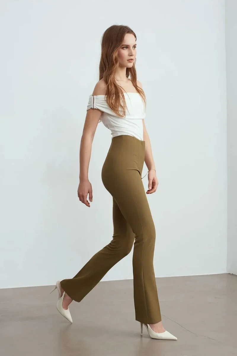 Dilvin Khaki Green DILVIN Women's Straight-leg Crepe Trousers for Women | Best Price UAE