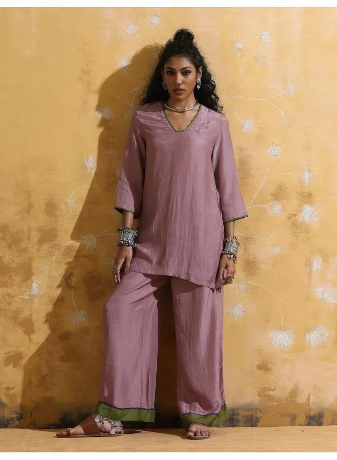 trueBrowns trueBrowns Lilac Muslin Silk Co-ord Set with Flared Pants