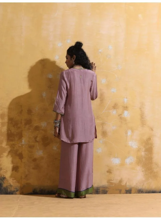 trueBrowns trueBrowns Lilac Muslin Silk Co-ord Set with Flared Pants