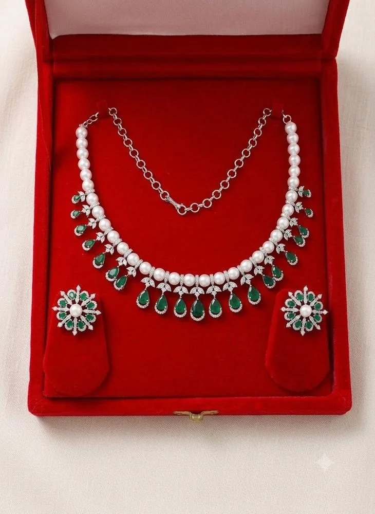 Viny Green Elegant American Diamond & Emerald Green Imitation Necklace Set for Women - Perfect for Parties, Weddings, & Festivals (Diwali, Eid) for Women | Best Price UAE