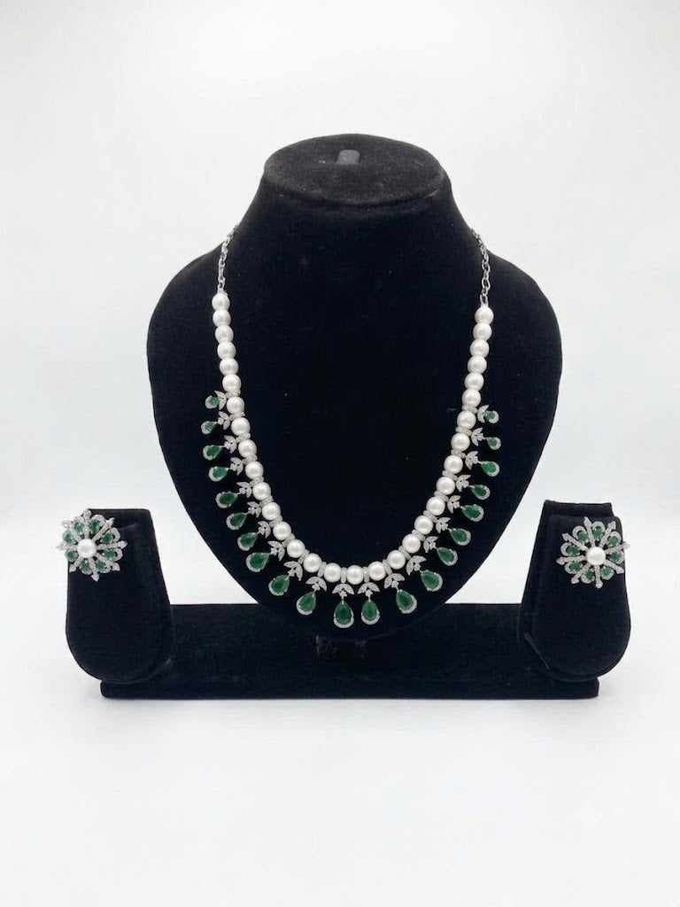 Viny Elegant American Diamond & Emerald Green Imitation Necklace Set for Women - Perfect for Parties, Weddings, & Festivals (Diwali, Eid) - Image 1