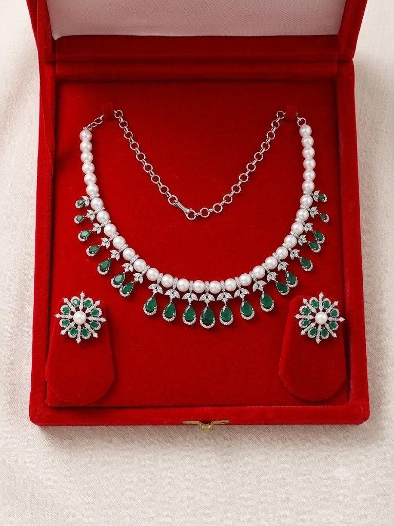 Viny Elegant American Diamond & Emerald Green Imitation Necklace Set for Women - Perfect for Parties, Weddings, & Festivals (Diwali, Eid) - Image 4