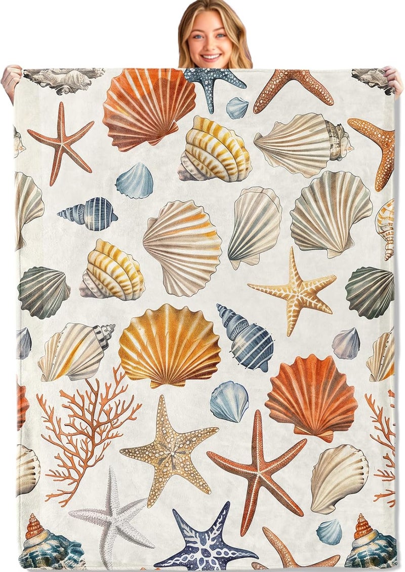 MIEPOS Shell with Conch Starfish Throw Blanket – Soft, Cozy, and Lightweight Decor Flannel Blanket Ideal for Couch, Office, and Travel – Fuzzy, Fluffy, Plush Warmth for Women Girls 60×50 Inch - Image 1