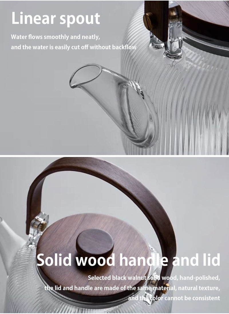 LOOPITYS - 800ML walnut glass teapot for steaming and cooking, vertically patterned tea pot with high borosilicate content, can be used for thermal power steaming and cooking, making it a great gift - Image 1