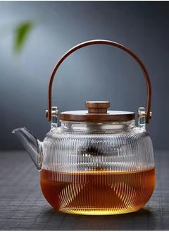 LOOPITYS 800ML walnut glass teapot for steaming and cooking, vertically patterned tea pot with high borosilicate content, can be used for thermal power steaming and cooking, making it a great gift  - Image 1